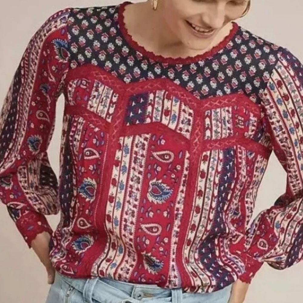 👚 Maeve Anthropologie "Gretchen" Boho Red & Blue Floral Peasant Top Size 10 / A - Picture 8 of 15